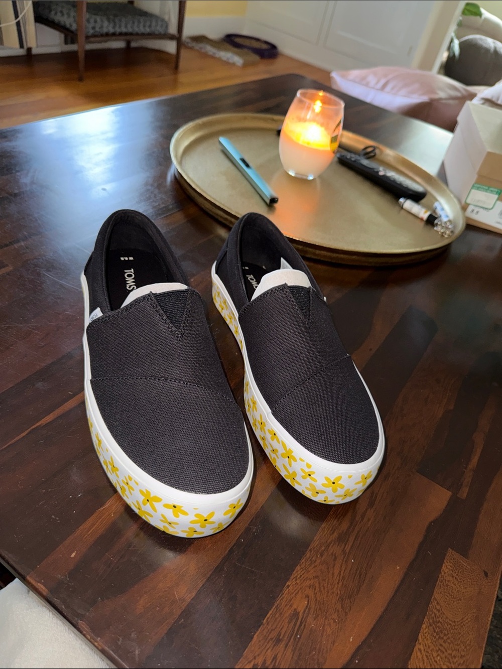 TOMS Black Slip-On Sneakers with Yellow Floral Platform